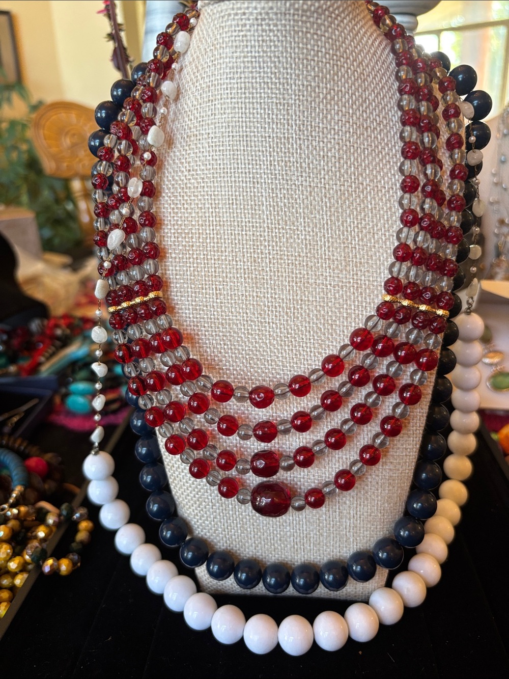 Layered Red Beaded Statement Necklace - Multi Strand